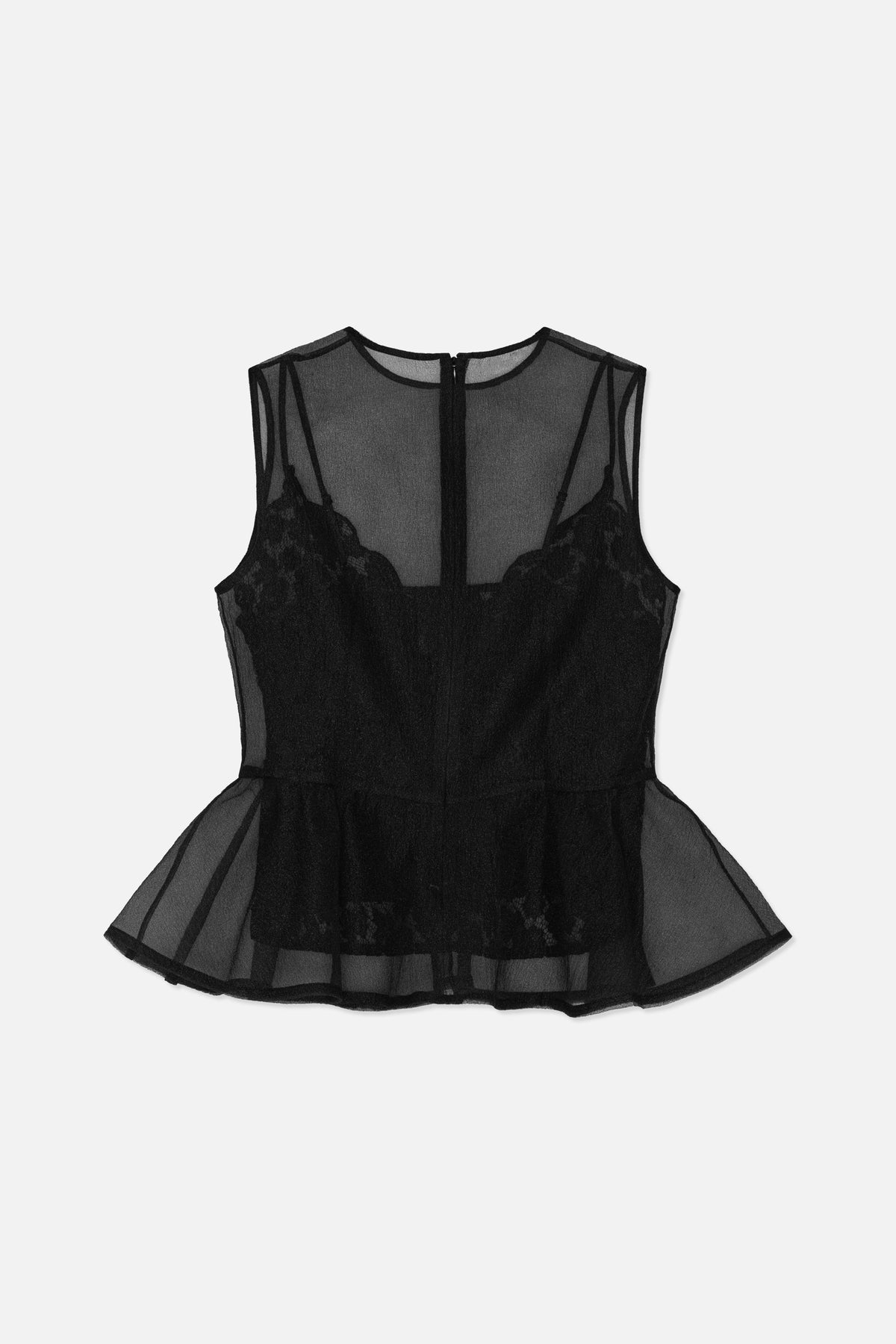 Bakifrån: svart transparent ärmlös topp med spetspaneler, dragkedja mitt bak och utsvängd peplumkant.