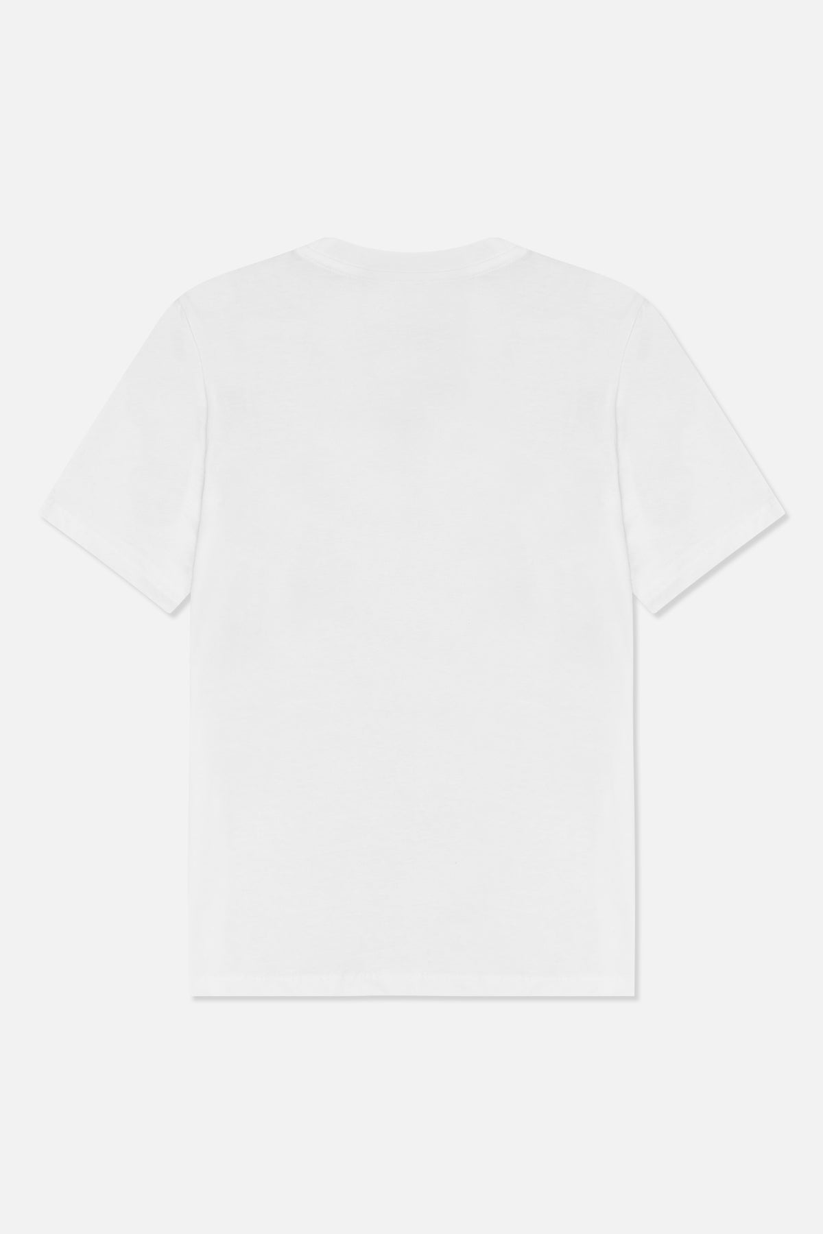 Bakifrån: enfärgad vit kortärmad rundhalsad t-shirt.
