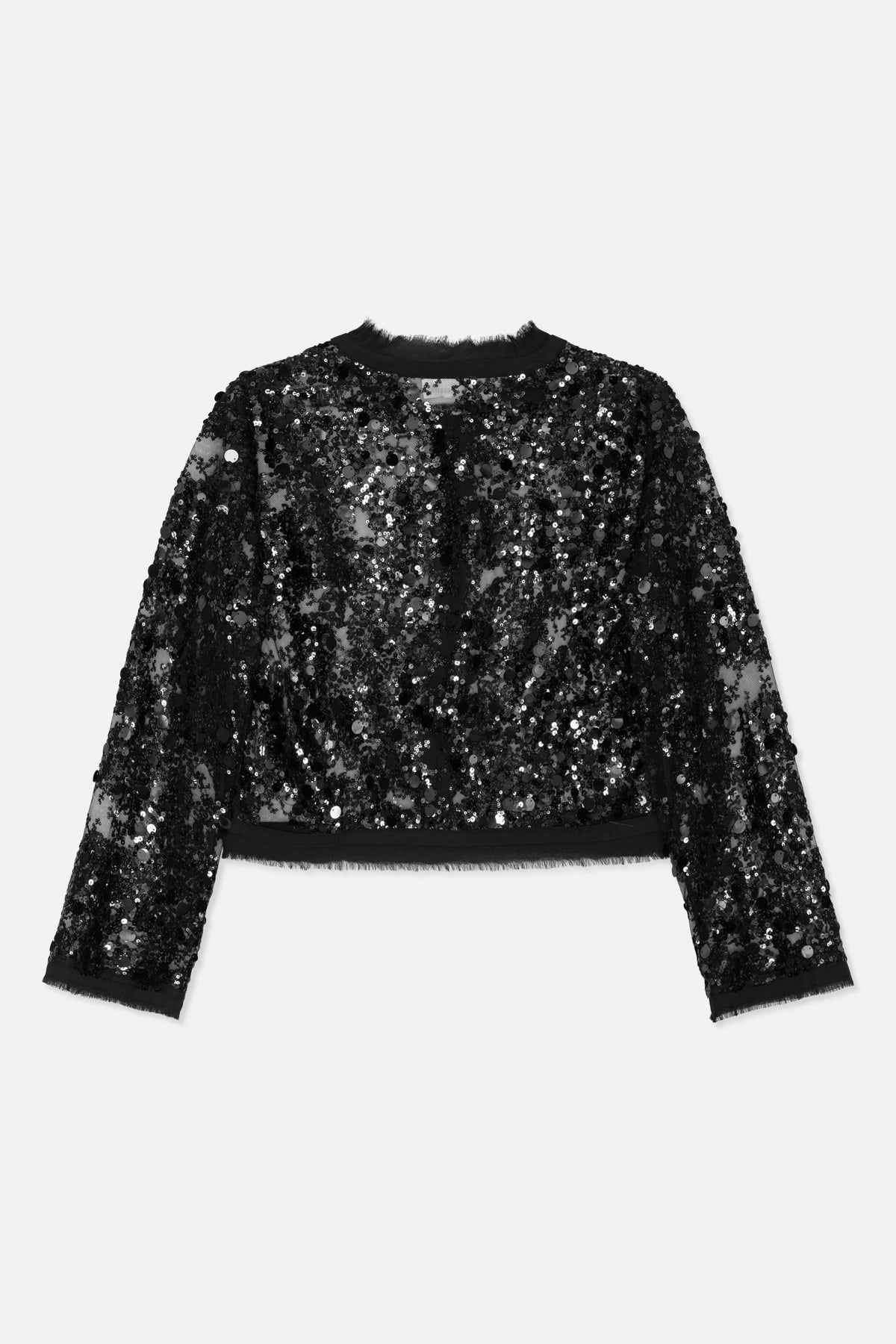 Framsida av svart långärmad topp täckt av paljetter, med transparenta meshpartier och fransad kant vid halsringning och fåll.