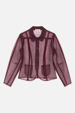 Framifrån: en transparent mauve skjorta med knappslå, mörkbordeauxrutigt mönster, rundad krage, långa ärmar och två påsydda fickor.