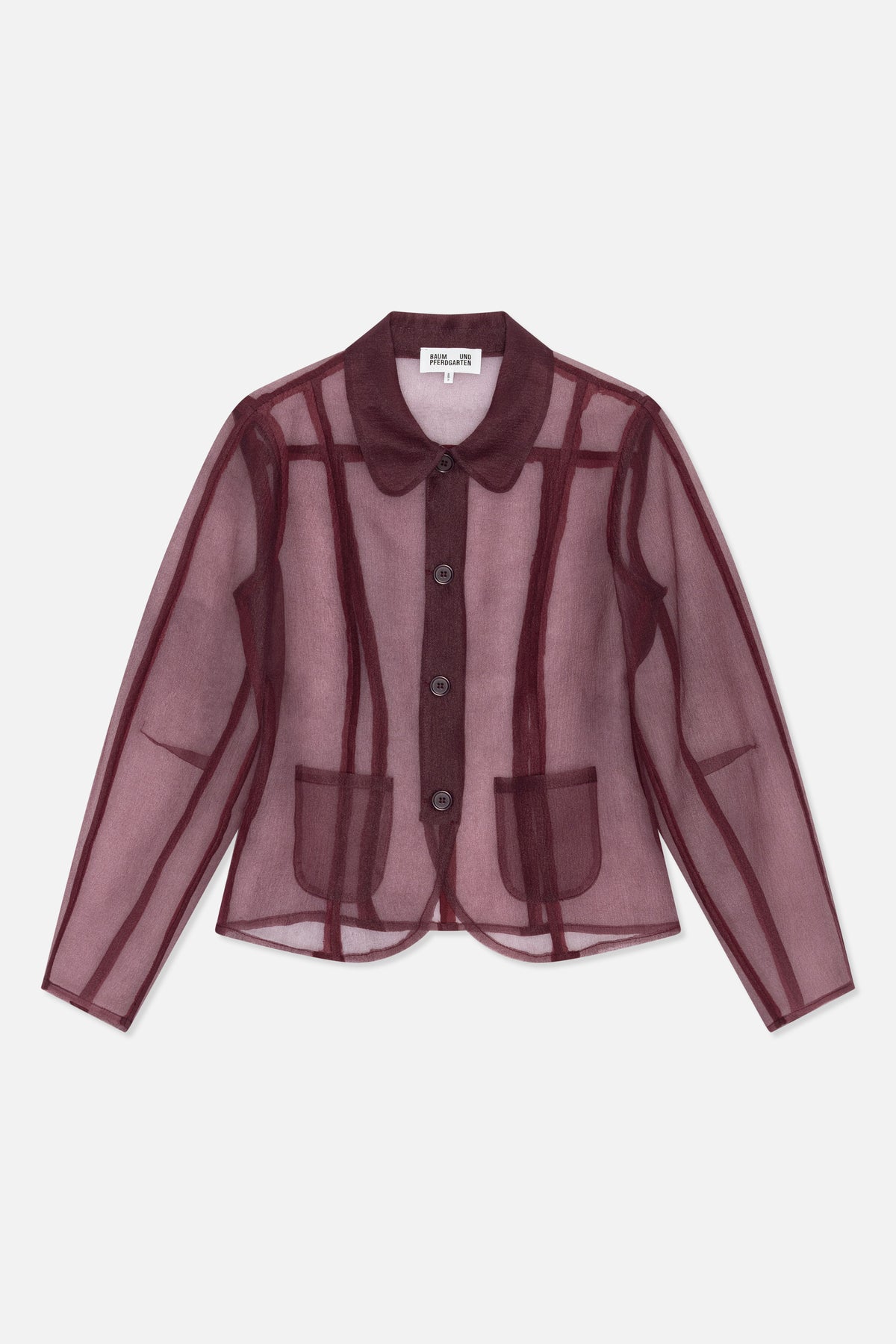 Framifrån: en transparent mauve skjorta med knappslå, mörkbordeauxrutigt mönster, rundad krage, långa ärmar och två påsydda fickor.
